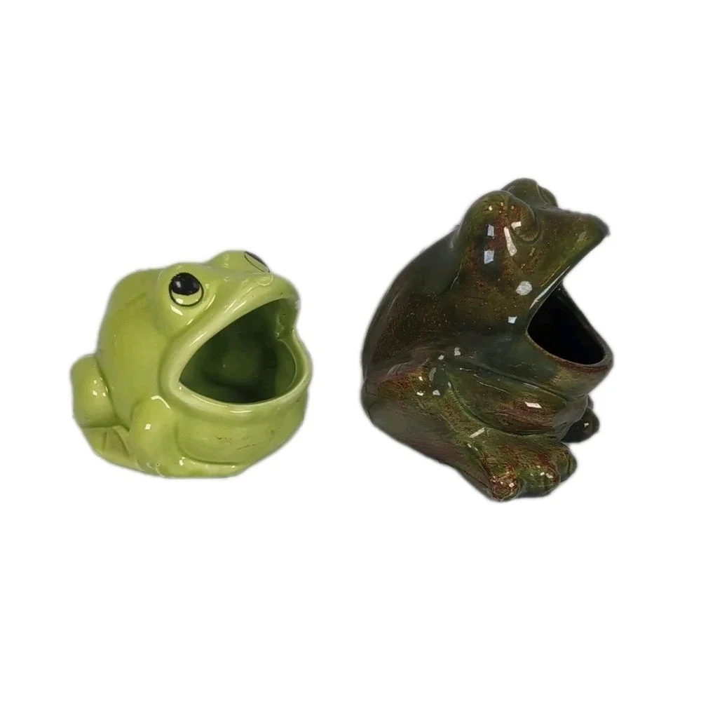 2 Vintage Frogs Ceramic Open Mouth Succulent Planters Pots Or Sponge Holders Set